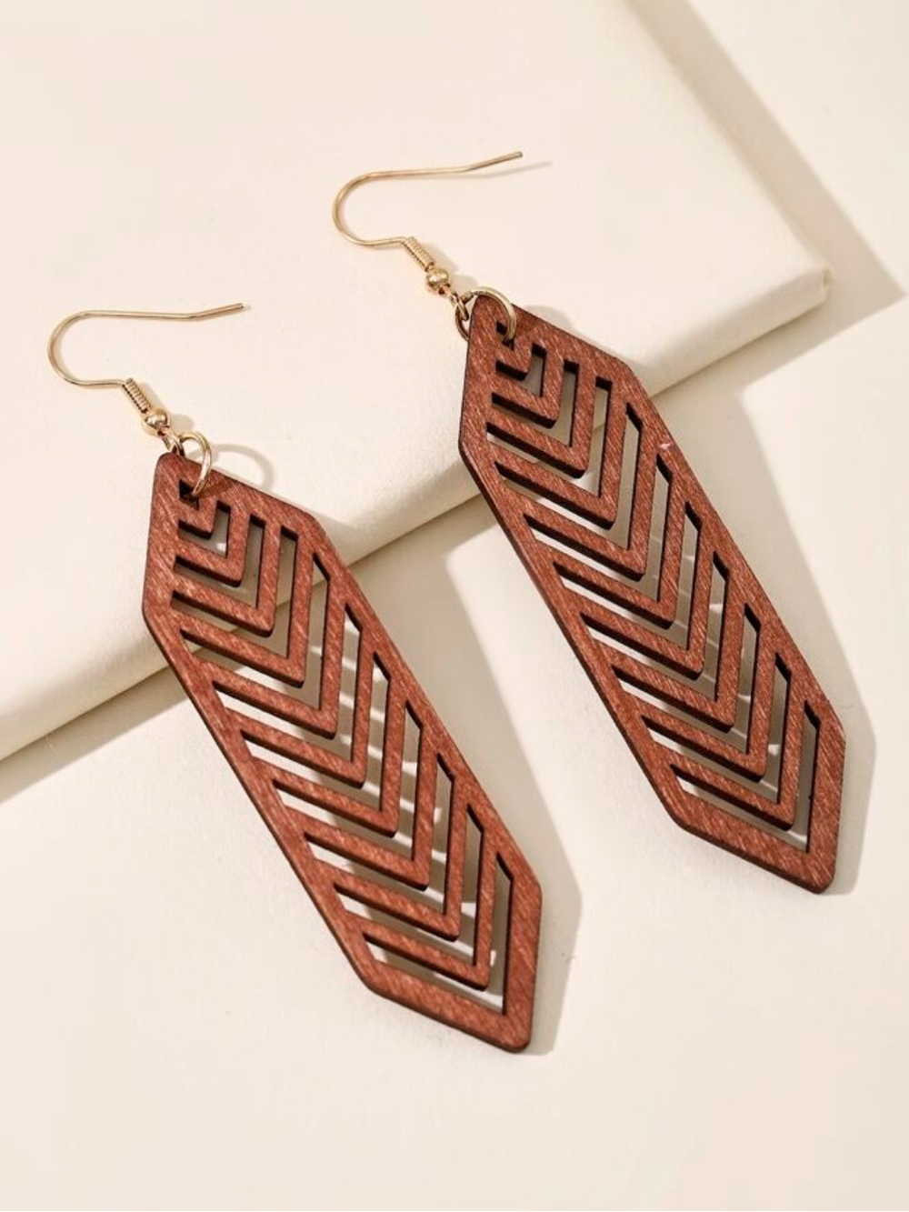 Brown Hollow Hexagon Striped Dangle Wooden Earrings, Minimalist & Casual